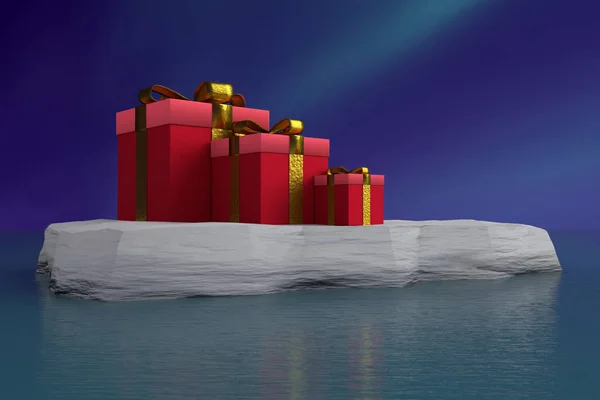 Červené vánoční dárky na ledové kře — Stock fotografie