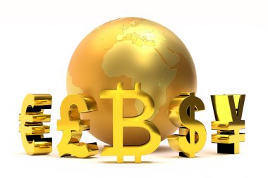 Altın küresel para birimi simgelerini artı bitcoin işareti altın dünya dünyada 3D render