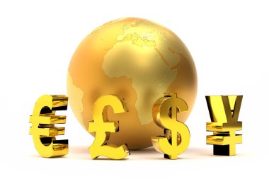 dünyada altın küresel para birimi simgeleri 3D render