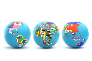 üç dünya küre kıta ile ve kendi ülkelerinde beyaz arka plan üzerinde üst üste ülke bayrakları ile 3D render