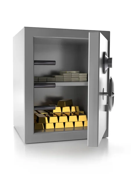 Cassetta di sicurezza con lingotti d'oro e pile di banconote in dollari USA — Foto Stock