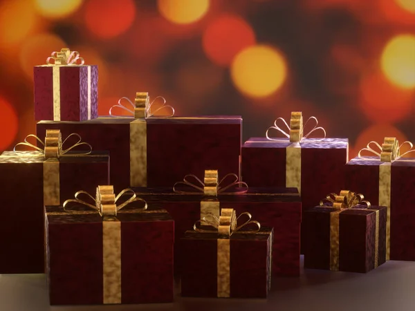 Bunch Elegant Christmas Present Boxes Xmas Lights Bokeh Background — Stock fotografie