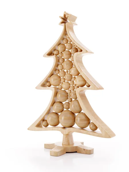 Rendering Von Hölzernen Weihnachtsbaum Mit Kugeln Auf Ständer Über Weißem — Stockfoto