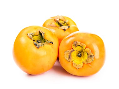 Beyaz üzerine üç kaki meyvesi.