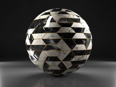 Gri üzerine altın dikişli siyah ve beyaz karo kürenin 3D görüntüsü