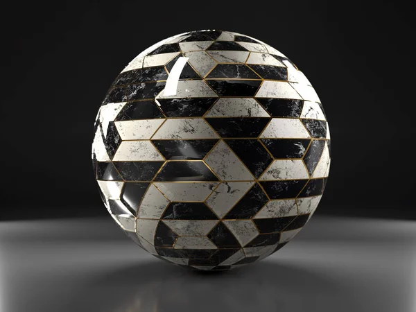 3D render of black and white tiled sphere with golden seams on gray