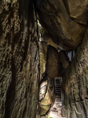 Tourist passage through Szczeliniec sanstone ravine, Table Mountain National Park, Poland