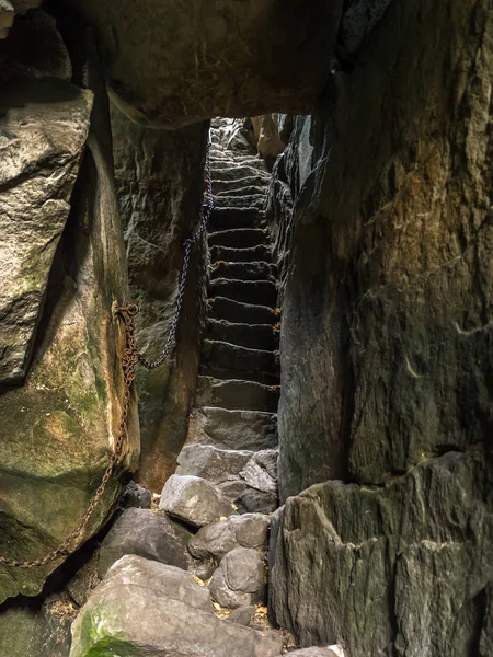 Τουριστική διέλευση μέσω Szczeliniec sanstone ravine, Πίνακας Mountain National Park, Πολωνία Εικόνα Αρχείου