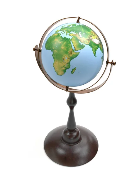 Render Vintage Globe Wooden Stand White Background — Stock Photo, Image