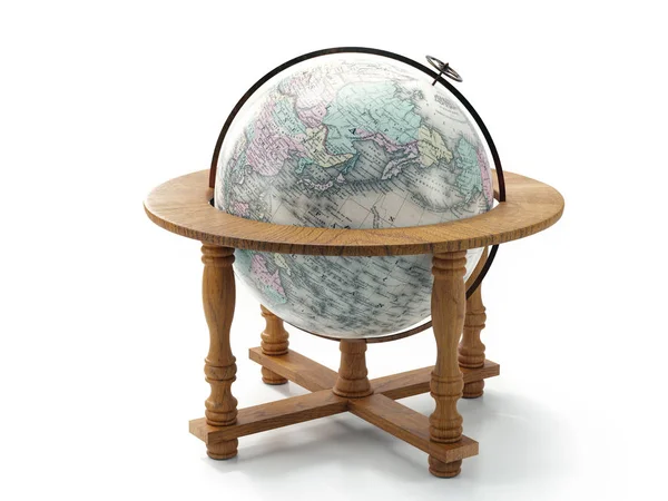 白い背景の上に木製のスタンドにヴィンテージ世界地図地球の3Dレンダリング パブリックドメイン図書館に所蔵されている画像の一部 — ストック写真