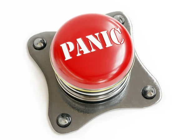 金属プッシュボタンの3Dレンダリングは 白い背景に赤い上面と白いパニックテキストと — ストック写真