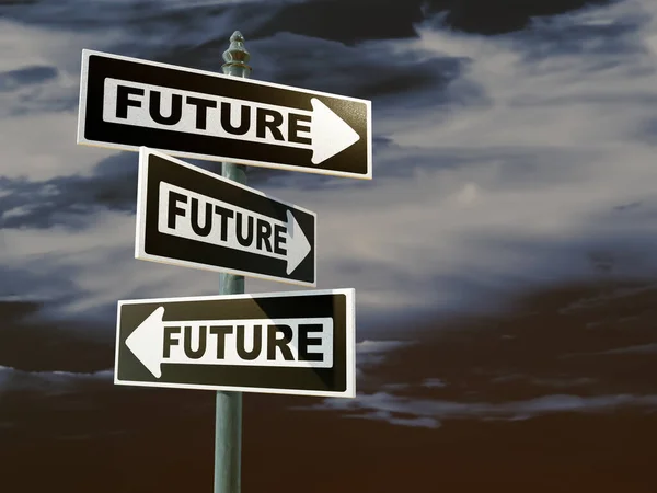 Rendering Roadsign Indicating Three Possible Future Directions Dramatic Sky — Stock Photo, Image