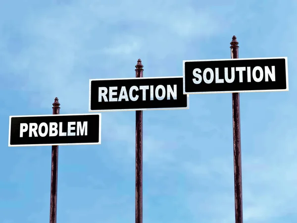 Three Signposts Spelling Problem Reaction Solution Blue Sky — Stock Photo, Image