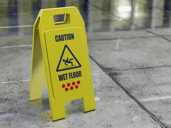 黄色の濡れたコンクリートタイルの床に配置された床の警告標識 — ストック写真