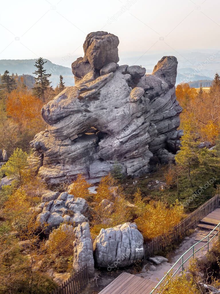 Unique sandy rock formation within the Errant Rocks of the Table Mountain National Park, Poland