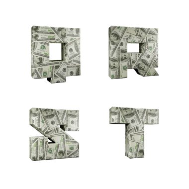 100 dolar banknotla sarılı 3D alfabe çizimi, beyaz arkaplan üzerinde Q-T harfleri