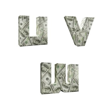 100 dolar banknotla sarılı 3D alfabe çizimi, beyaz arkaplan üzerinde U-W harfleri