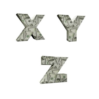 100 dolar banknotla sarılı 3D alfabe çizimi, beyaz arkaplan üzerinde X-Z harfleri