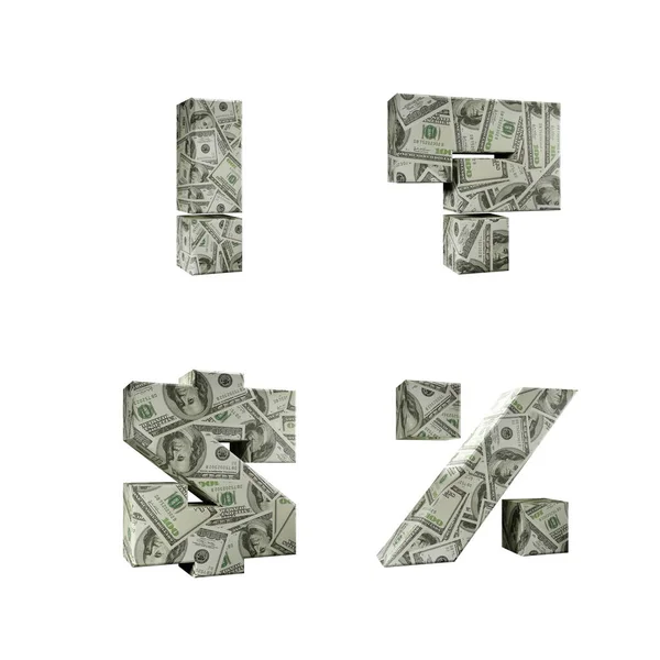 Renderização Alfabeto Envolto Com Notas 100 Dólares Americanos Ponto Excalamação — Fotografia de Stock