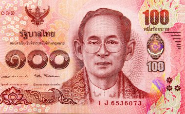 100 banyo, Tayland para, banknot Tayland Kralı Bhumibol Adulyadej görüntü ile yakın çekim