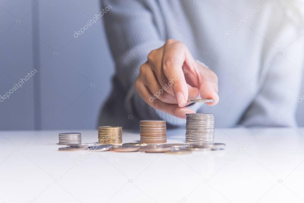 Coin stacks on a table,Saving money concept