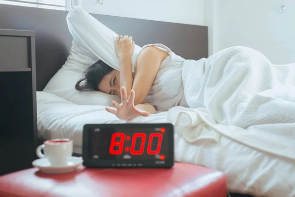 Young Asian Woman Hates Getting Stressed Waking Early Clock Alarm — Stock Photo, Image