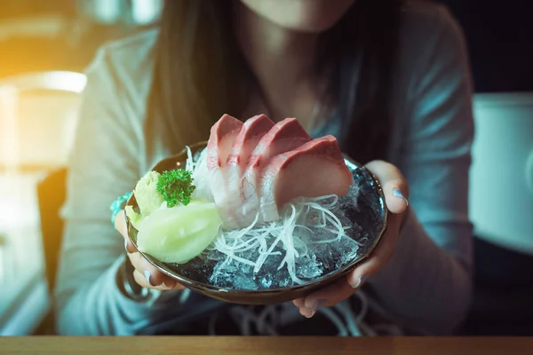 Closeup Hand Woman Holding Tuna Hamachi Set Japanese Food Traditional — Stock Photo, Image