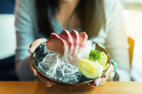 Closeup Hand Woman Holding Tuna Hamachi Sushi Set Salmon Japanese — Stock Photo, Image