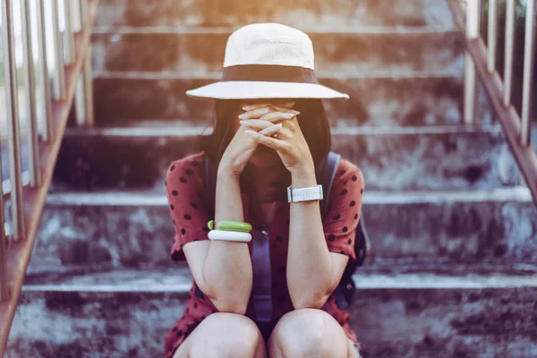Suicide Prevention Concept Depressed Young Asian Woman Sitting Bridge Railway — Fotografia de Stock