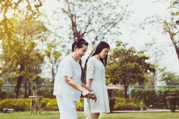 亚洲老年妇女步行到公园做体格运动 女儿照顾和支持 老年社会亚洲观念 — 图库照片