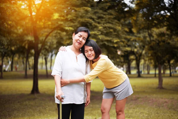 Idős Ázsiai Idősebb Anya Boldog Kézzel Lánya Vigyázni Támogatást Szabadban — Stock Fotó