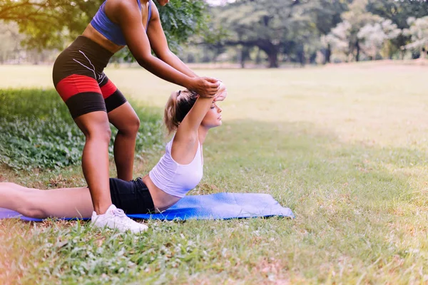 Sabahları Halka Açık Parkta Yoga Yapan Egzersiz Egzersiz Sınıfında Çalışan — Stok fotoğraf