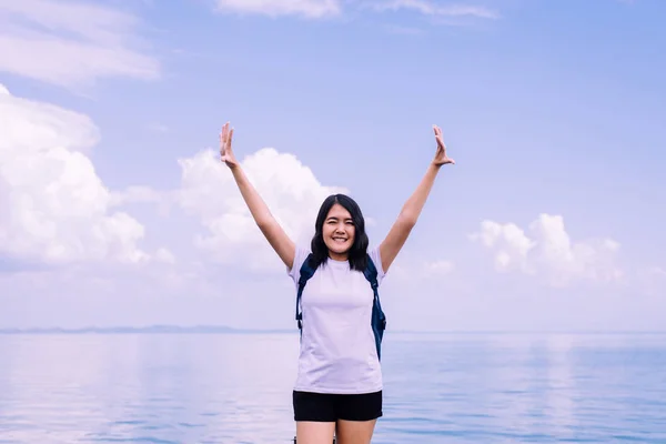 Happy Woman Standing Open Hands Sea Enjoying Nature Freedom Concept — стоковое фото