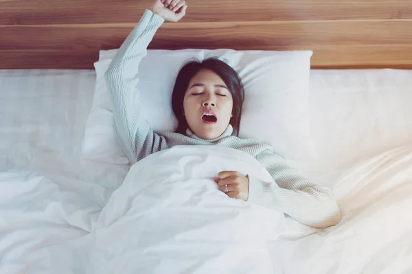 Beautiful Young Asian Woman Stretching Yawning Bedroom Wake Morning — ストック写真