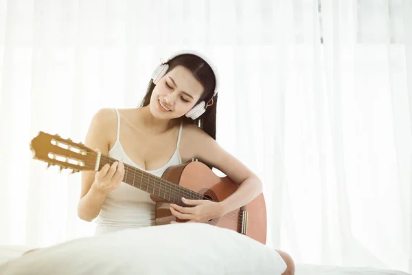 Happy Young Woman Hands Playing Guitar Bed Relax Free Time — 스톡 사진