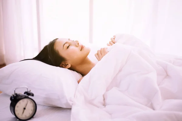 Happy Young Asian Woman Laying Blanket Her Bedroom Home Morning — Stock Photo, Image