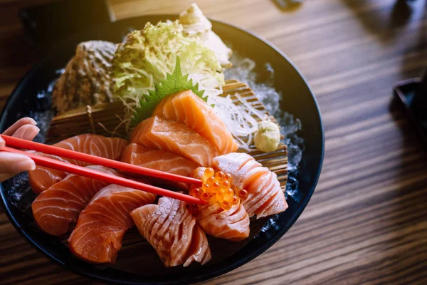 Raw Salmon Fillet Roe Ikura Dish Restaurant Japanese Food Close — Stock Photo, Image