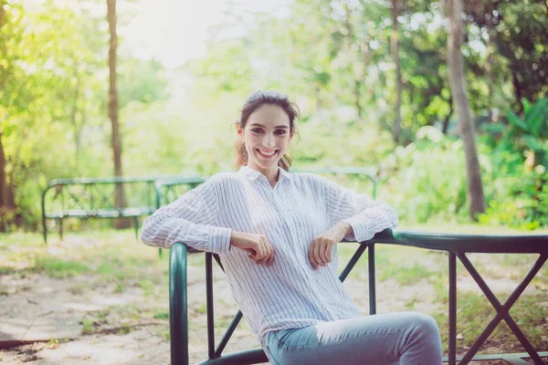 Happy Young Woman Laughing Smiling Face Public Park Morning Positive — стоковое фото