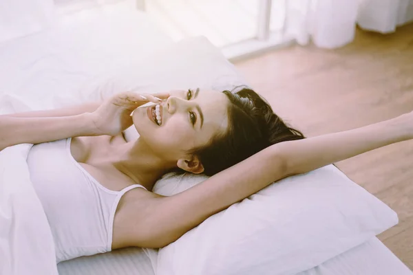 Beautiful Asian Woman Lying Blanket Waking Her Bedroom Morning Happy — Stock Photo, Image