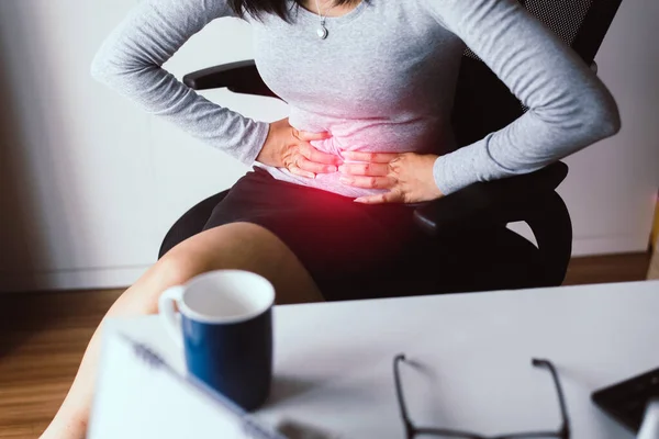 Woman Having Painful Stomach Ache Working Home Female Suffering Abdominal — Stock Photo, Image