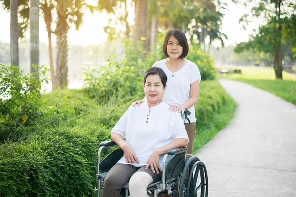 照料者照料坐在公园轮椅上的亚洲老年妇女 老年人照料保险概念 — 图库照片