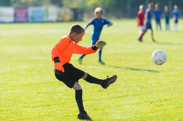 Boy goalkeeper defends the goal — Stock Photo, Image