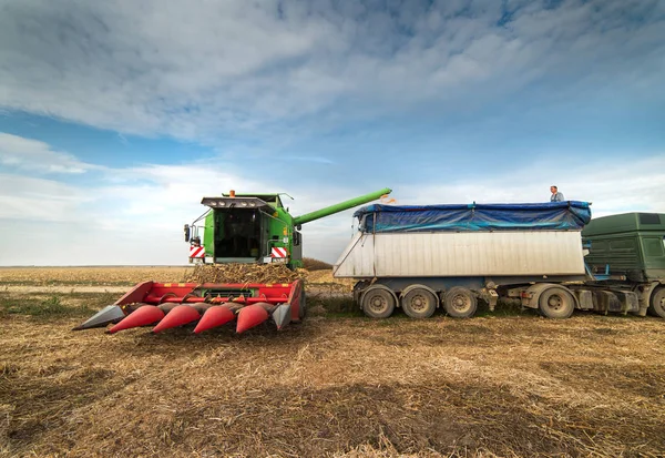 Het gieten van maïs graan in trekker aanhangwagen — Stockfoto
