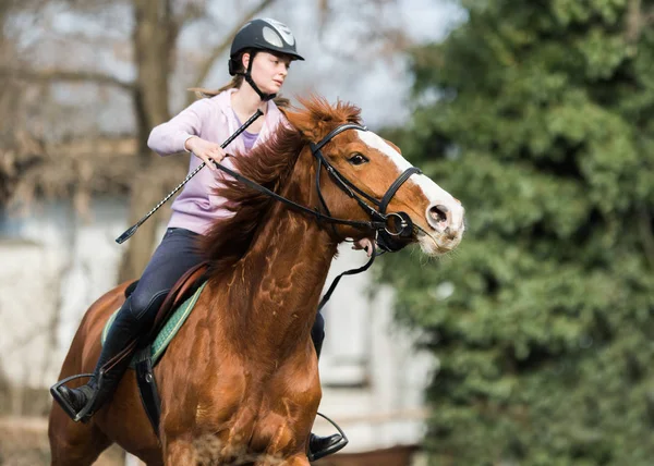 Menina jovem montando um cavalo — Fotografia de Stock