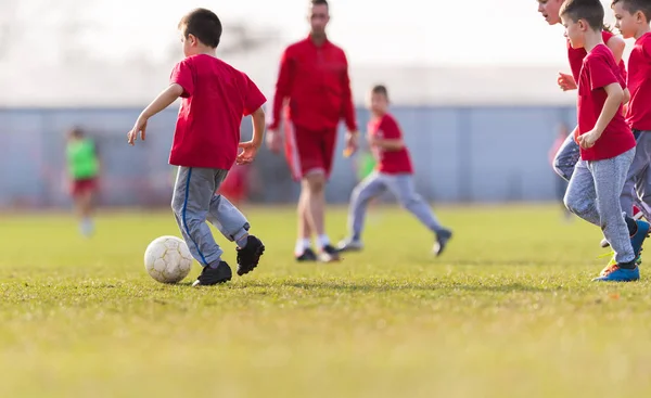 बच्चों फुटबॉल फुटबॉल बच्चों के खिलाड़ी फुटबॉल फील्ड पर मैच — स्टॉक फ़ोटो, इमेज