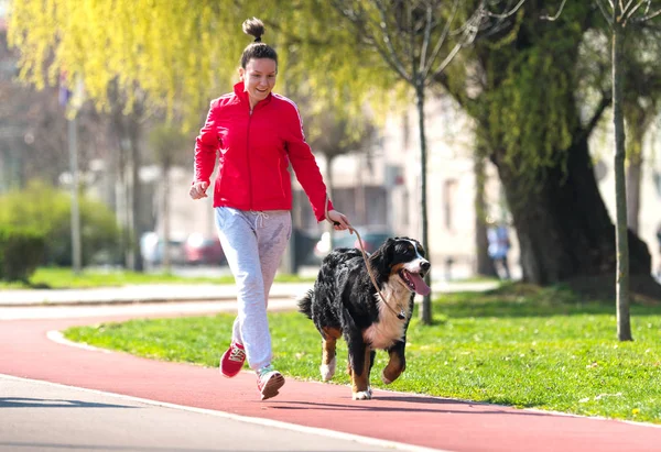 Mooi meisje lopen buiten met haar Berner Sennenhond — Stockfoto