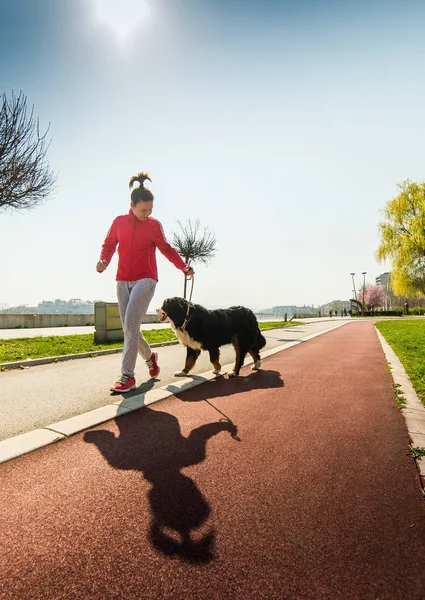 Joven chica bonita corriendo al aire libre con su perro de montaña bernés —  Fotos de Stock