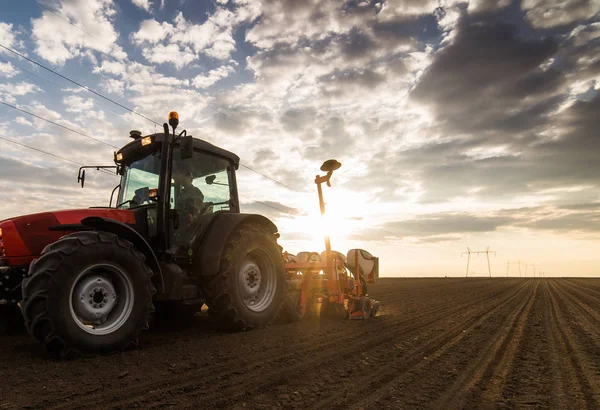 Jordbrukaren med traktor sådd - så grödor på jordbruksområdet — Stockfoto