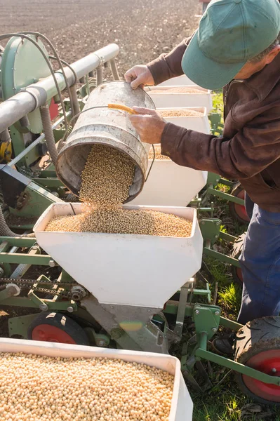 Landwirt mit Dose gießt Soja-Saatgut zur Aussaat auf agricultura — Stockfoto