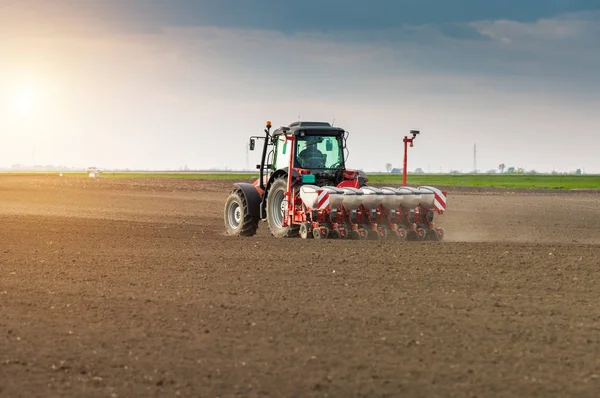 Mezőgazdasági traktor vetés - vetési a növények a mezőgazdasági területen — Stock Fotó